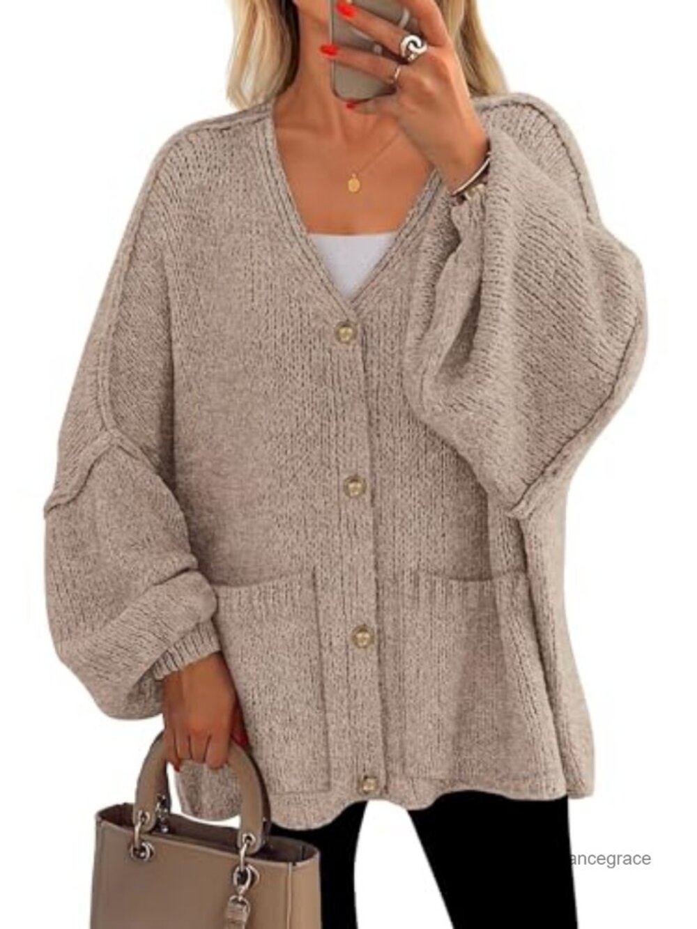Oversized Chunky Cardigan Sweater Lantern Sleeve Button Down V Neck Women